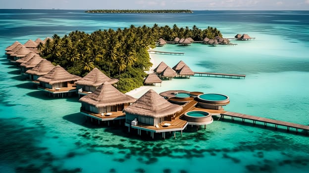 A beautiful island with a wooden house and a dock. The water is calm and blue. The island is surrounded by water and has palm trees