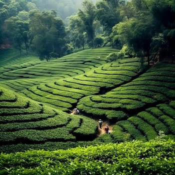 A man is walking through a field of green tea plants. The field is vast and the sun is shining brightly, creating a peaceful and serene atmosphere