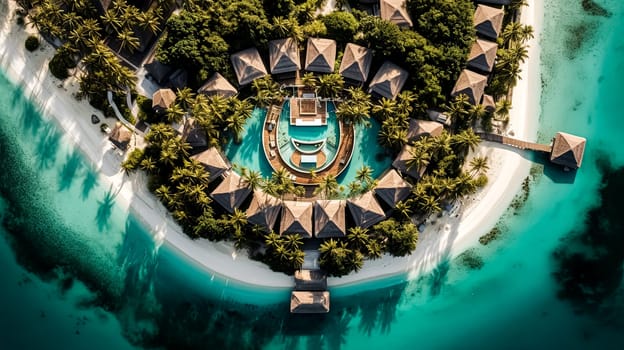 A beautiful island with a wooden house and a dock. The water is calm and blue. The island is surrounded by water and has palm trees