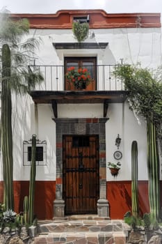 A house with a red door and a balcony with potted plants. The house has a Spanish style and the door is made of wood