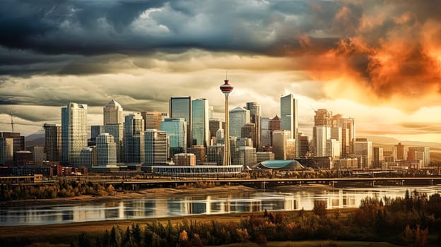 A city with a bridge and a tall building in the background. The sky is cloudy and the city is covered in orange leaves