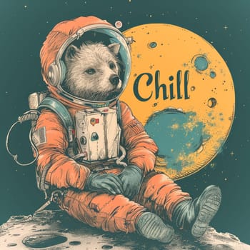 A bear in a space suit is sitting on a rock. The background features a yellow moon. The image is titled Chill