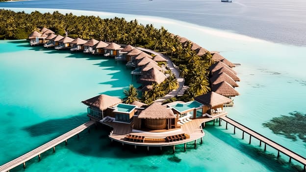 A beautiful island with a wooden house and a dock. The water is calm and blue. The island is surrounded by water and has palm trees