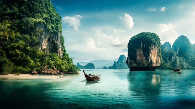 A boat is floating in the ocean near a beach. The water is calm and the sky is clear