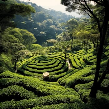 A man is walking through a field of green tea plants. The field is vast and the sun is shining brightly, creating a peaceful and serene atmosphere