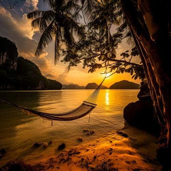 A hammock is hanging over a body of water, with the sun setting in the background. The scene is peaceful and serene, with the hammock providing a relaxing spot to unwind and enjoy the view
