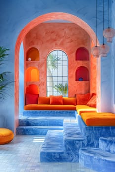 A blue and orange room with a window and a plant. The room has a cozy and inviting atmosphere, with a plant