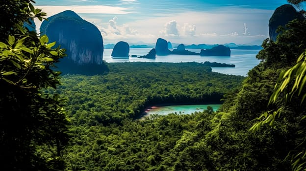 A lush green jungle with a lake in the middle. The lake is surrounded by trees and mountains