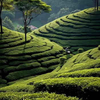 A man is walking through a field of green tea plants. The field is vast and the sun is shining brightly, creating a peaceful and serene atmosphere