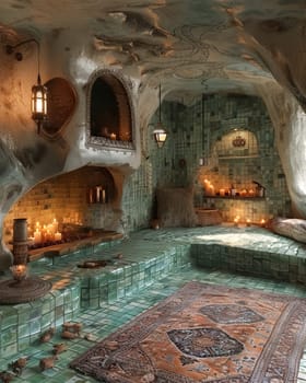 A bathroom with a green tile floor and a green bathtub. The bathtub is surrounded by a rug and a fire is burning in the fireplace
