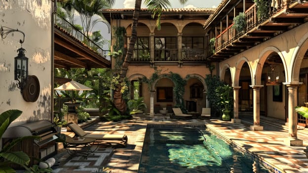 A large pool with palm trees surrounding it. The pool is surrounded by a red brick wall and a green balcony. The scene is peaceful and relaxing, with the palm trees providing a tropical atmosphere