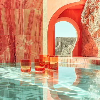 A series of four orange glasses are floating in a pool of water. The scene is set in a room with a pink wall and a pink archway