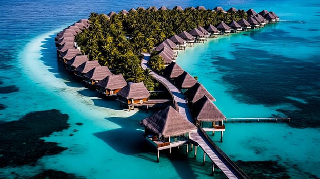 A beautiful island with a wooden house and a dock. The water is calm and blue. The island is surrounded by water and has palm trees