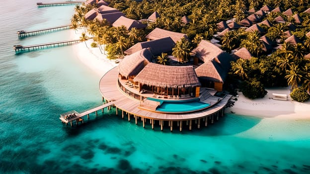 A beautiful island with a wooden house and a dock. The water is calm and blue. The island is surrounded by water and has palm trees