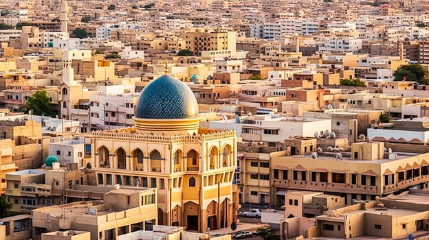 A cityscape with a large blue dome on top of a building. The buildings are tall and the sky is clear