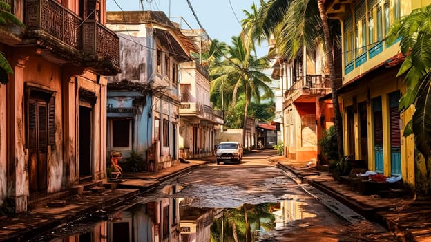 A colorful street scene with a mix of buildings and awnings. The atmosphere is lively and inviting