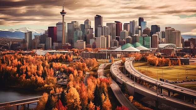 A city with a bridge and a tall building in the background. The sky is cloudy and the city is covered in orange leaves