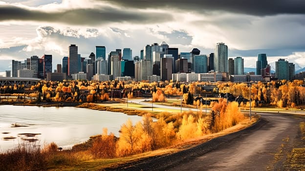 A city with a bridge and a tall building in the background. The sky is cloudy and the city is covered in orange leaves