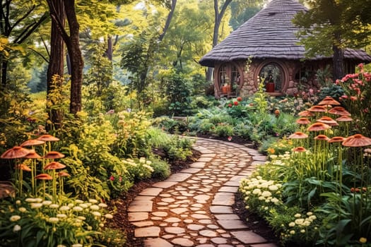 A path through a garden with a stone walkway and orange flowers. The flowers are in full bloom and the path is lined with green plants