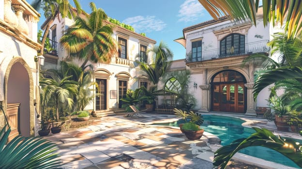 A large house with a pool and a courtyard. The courtyard is filled with palm trees and other plants
