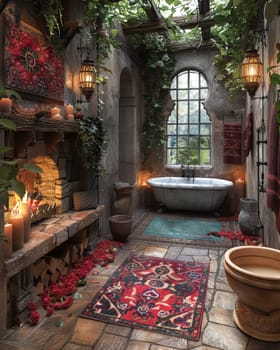 A bathroom with a green tile floor and a green bathtub. The bathtub is surrounded by a rug and a fire is burning in the fireplace