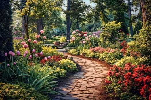 A path through a garden with a stone walkway and orange flowers. The flowers are in full bloom and the path is lined with green plants