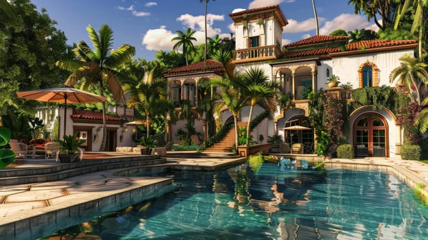 A large pool with palm trees surrounding it. The pool is surrounded by a red brick wall and a green balcony. The scene is peaceful and relaxing, with the palm trees providing a tropical atmosphere