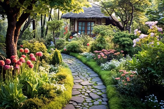 A path through a garden with a stone walkway and orange flowers. The flowers are in full bloom and the path is lined with green plants