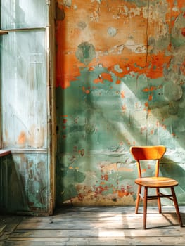 A wooden chair sits in front of a wall with a green and orange paint job. The chair is the only piece of furniture in the room, and it is positioned in front of a window. The room appears to be empty