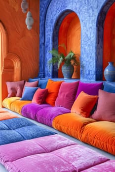 A colorful couch with pillows in various shades of pink, purple, and orange. The couch is situated in a room with a blue wall and a vase on a table. The room has a warm and inviting atmosphere