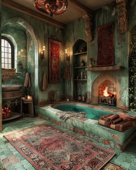 A bathroom with a green tile floor and a green bathtub. The bathtub is surrounded by a rug and a fire is burning in the fireplace