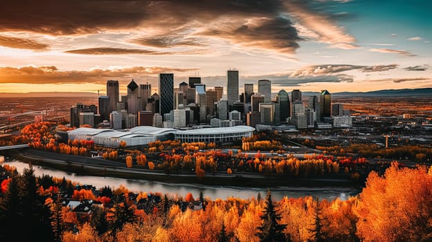 A city with a bridge and a tall building in the background. The sky is cloudy and the city is covered in orange leaves