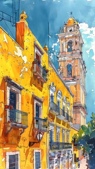 A painting of a yellow building with a clock tower in the background. The painting has a warm and inviting mood, with the bright yellow color of the building