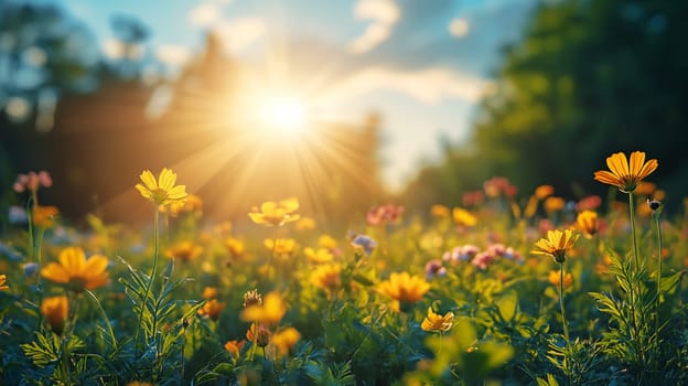 Sunbeams pierce through a vibrant, flower-filled meadow, highlighting the wildflowers basking in the warm, late-afternoon sunlight - Generative AI