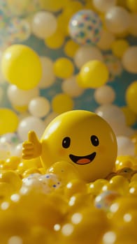 A cheerful emoji ball with a thumbs-up gesture is surrounded by numerous yellow and white balls in a playful setting - Generative AI