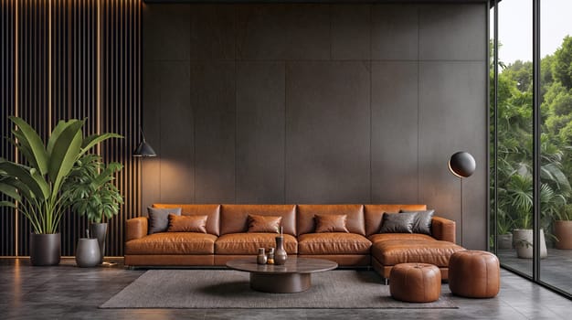 A sleek modern living room boasts a spacious interior featuring a luxurious leather sectional sofa with matching cushions. Warm ambient lighting complements the dark-toned walls - Generative AI