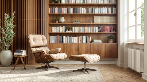 Stylish reading nook features a comfortable reclining chair with a matching footstool situated beside a large wooden bookshelf filled with books. The room brightened by natural light - Generative AI