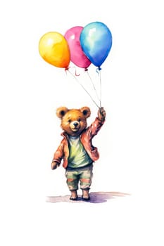 A teddy bear is holding three balloons in the air. The bear is wearing a red jacket and green pants. The balloons are in different colors, with one being yellow, one being pink, and one being blue