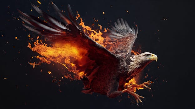 A composite artwork of an eagle with wings ablaze soaring dynamically, creating a striking visual contrast with the dark backdrop - Generative AI