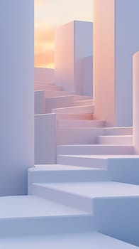 A tranquil scene unfolds as the sun sets with soft colors, casting a warm glow over a simplistic architectural urban staircase - Generative AI