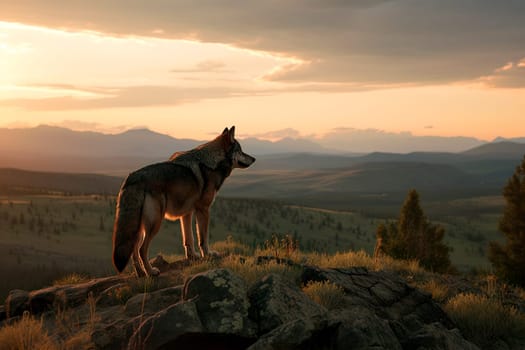 A lone wolf stands on a rocky outcrop, gazing over a lush valley against the backdrop of a warm, golden sunset - Generative AI