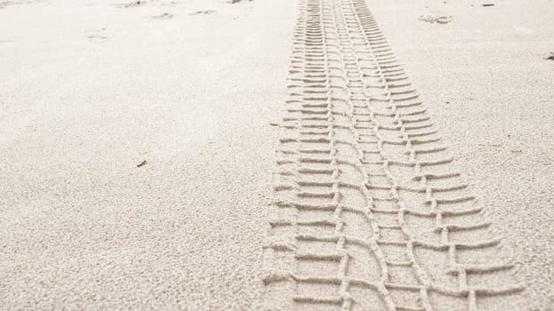 A serene image captures a single tire track delicately etched on the sandy shore, blending human touch with natures beauty in a harmonious display of contrast and tranquility.