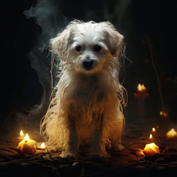 Fluffy dog sitting in the dark among candles. High quality photo