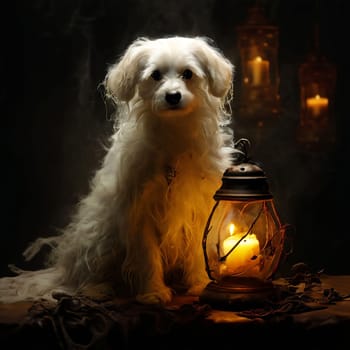 A white dog is sitting in the dark, and next to him is a glowing lantern with a candle