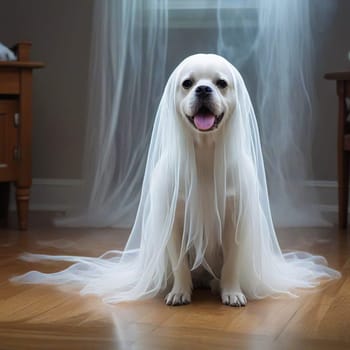 White Ghost Dog in Veil Sitting on Floor. High quality photo