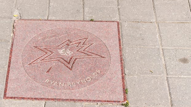 A sidewalk with celebrity handprints and signatures. The concrete has a light gray color, and the handprints and signatures are a dark color. Some of the signatures are difficult to read.
