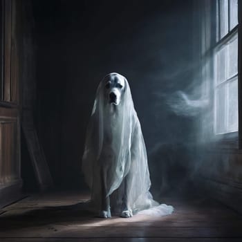 Ghostly white dog standing at the window of an old house. High quality photo