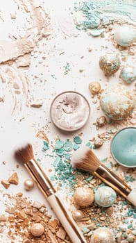 Make-up cosmetic product, beauty products and cosmetics swatch sample flatlay, various makeup brand tools as glamour fashion night out background idea