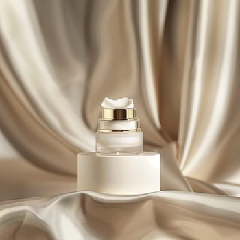 Face cream in a glass jar on a white and gold background. Skin care concept. Backdrop for beauty cosmetic products