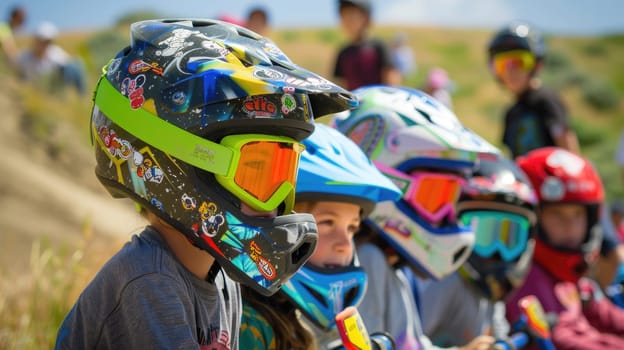 Young Children with Colorful Helmet Stickers Ready for Downhill Balance Bike Race.